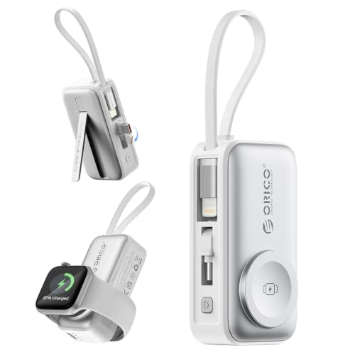 White Color 5000mAh Mini Power Bank with Built-In USB-C Cable