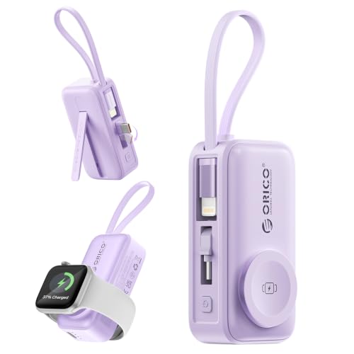 Purple Color 5000mAh Mini Power Bank with Built-In USB-C Cable