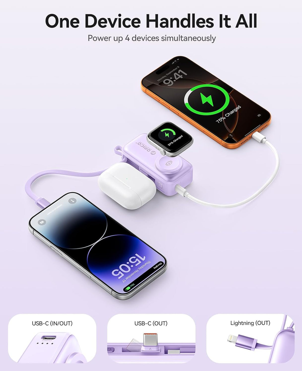 ORICO 5000mAh Portable Charger with Built-in Lightning Cable