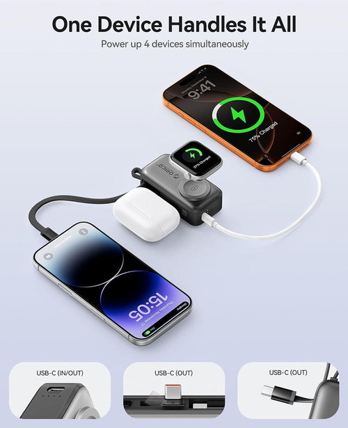 5000mAh Mini Power Bank with Built-In USB-C Cable