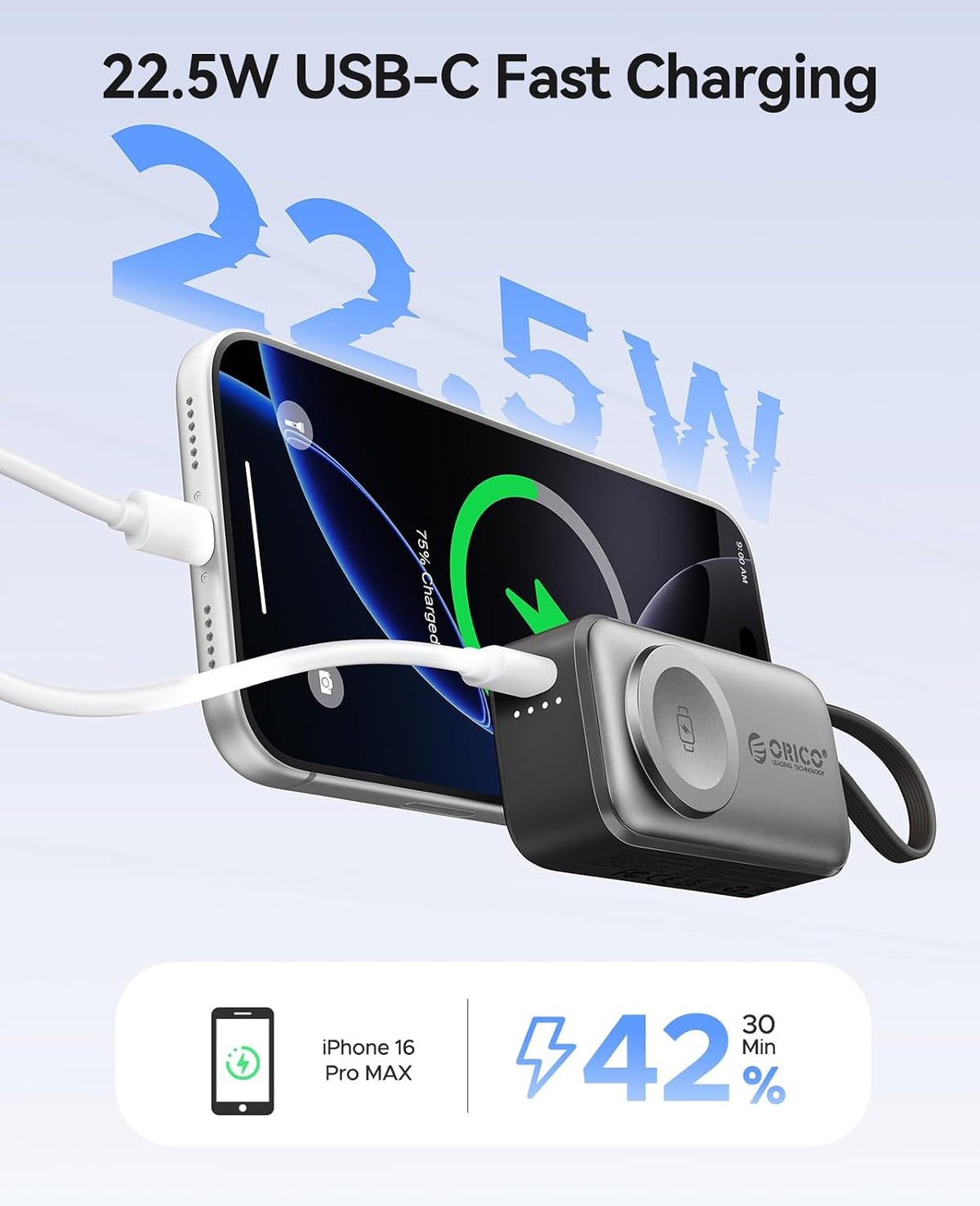 5000mAh Mini Power Bank with Built-In USB-C Cable