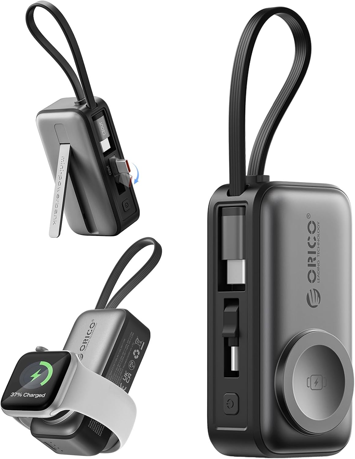 5000mAh Mini Power Bank with Built-In USB-C Cable