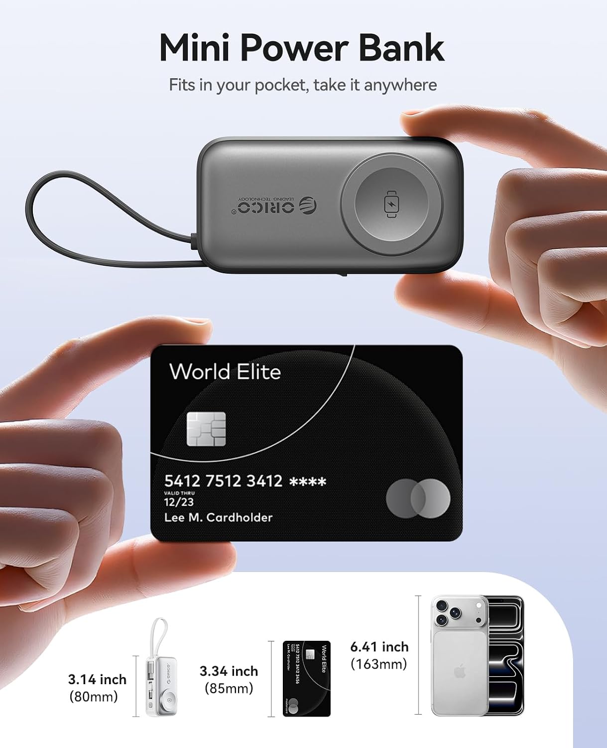 5000mAh Mini Power Bank with Built-In USB-C Cable