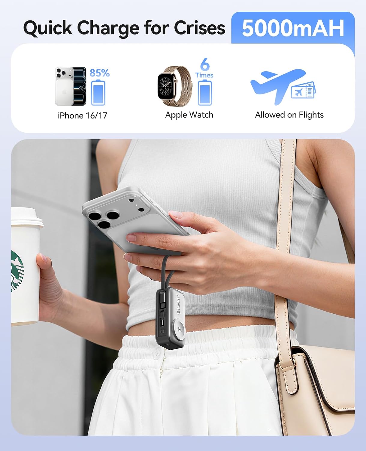 5000mAh Mini Power Bank with Built-In USB-C Cable