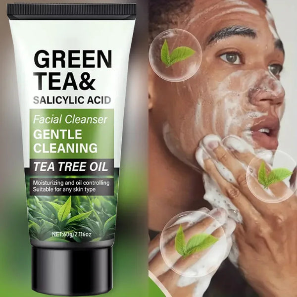Men's Facial Wash 60g - Green Tea & Salicylic Acid, Deep Cleansing, Oil Control, Tea Tree & Charcoal, For Men