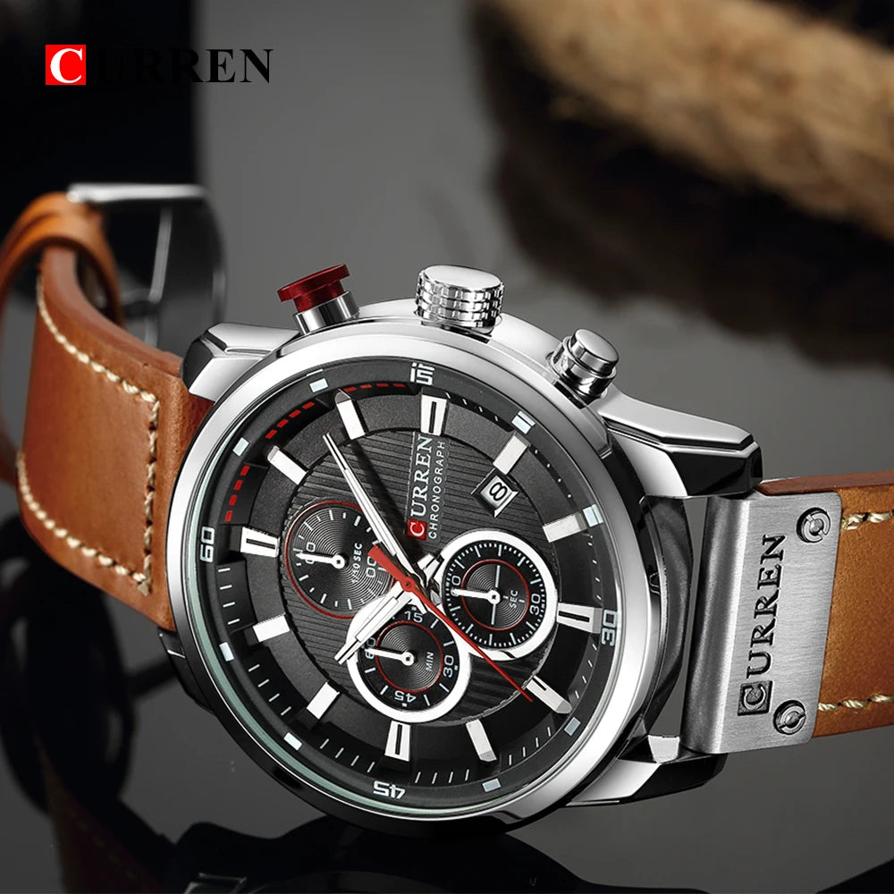 Elegant Men's Chronograph Watch with Leather Strap