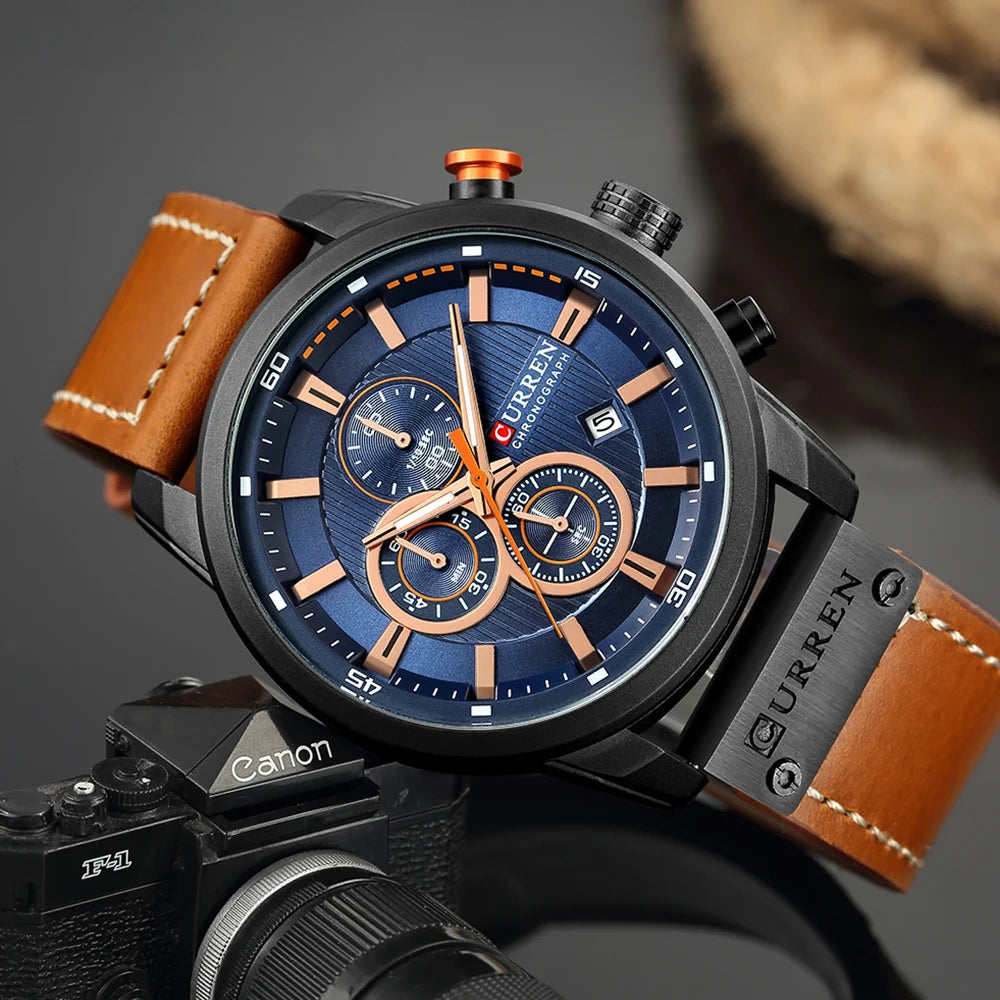 Elegant Men's Chronograph Watch with Leather Strap