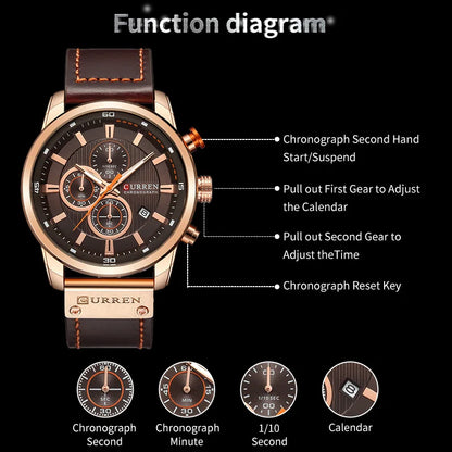 Elegant Men's Chronograph Watch with Leather Strap